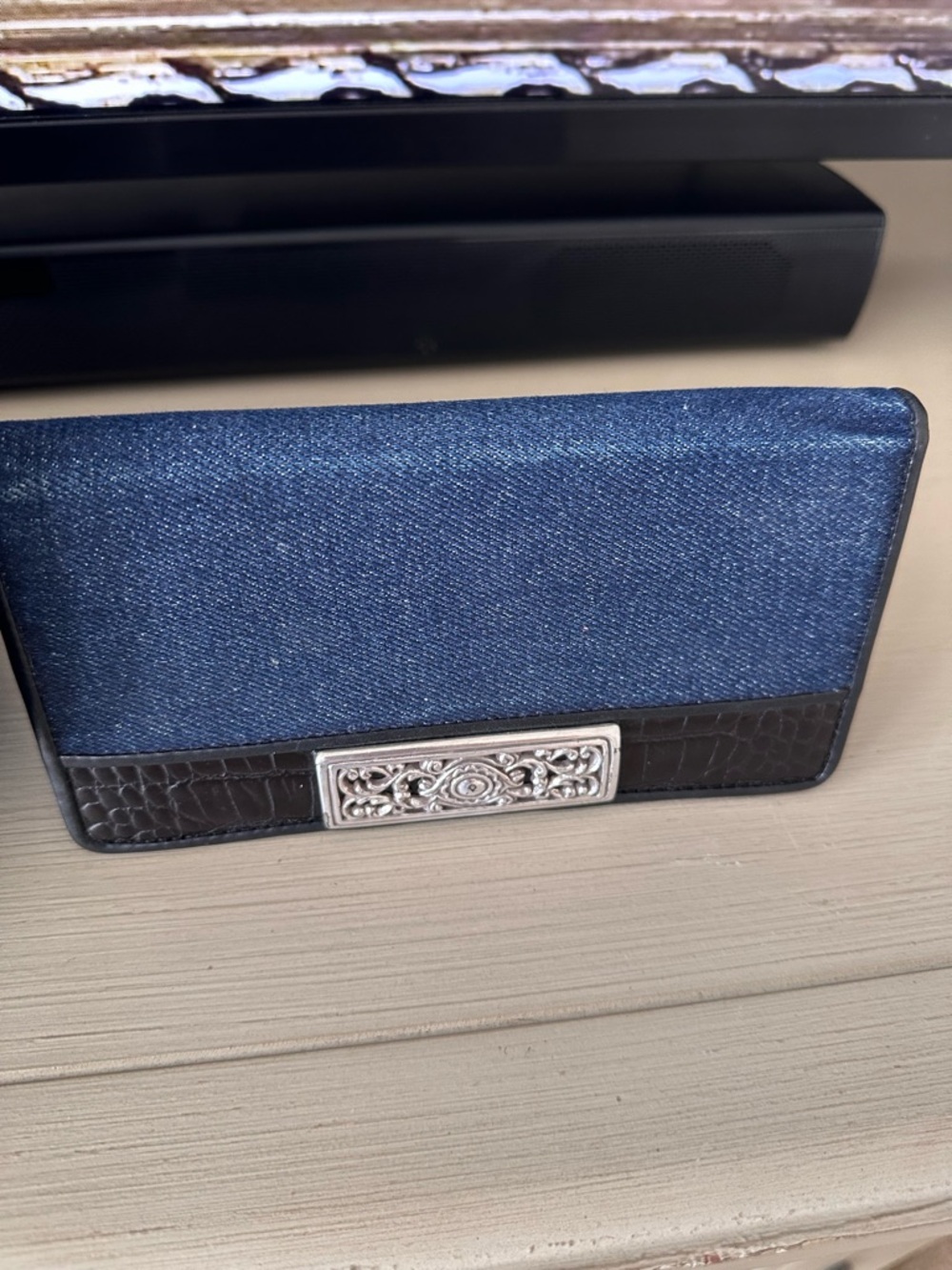 Brighton💙 “Lindsay “ Dark Blue Denim!Black Croc/Leather Tote & Wallet- Vintage - Picture 6 of 13